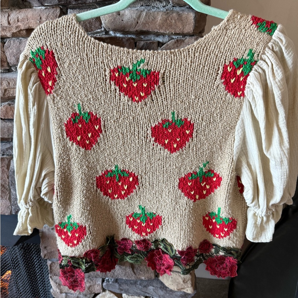 Free People Cream and Red Strawberry Knit top - Picture 3 of 14